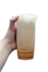 hand holding a cup of coffee on white background