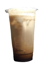 Refreshing ice coffee in plastic cups on white background