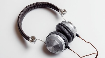 Silverandblack headphones earcups tilted cord visible on a white surface