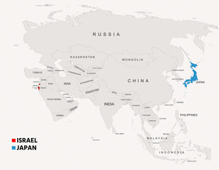 Japan and Israel Country Map with Borders Geographic Overview Illustration