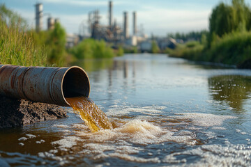 Dirty water flowing from pipe into river with industrial plant in background. Concept of environmental pollution, ecology protection, and nature conservation.