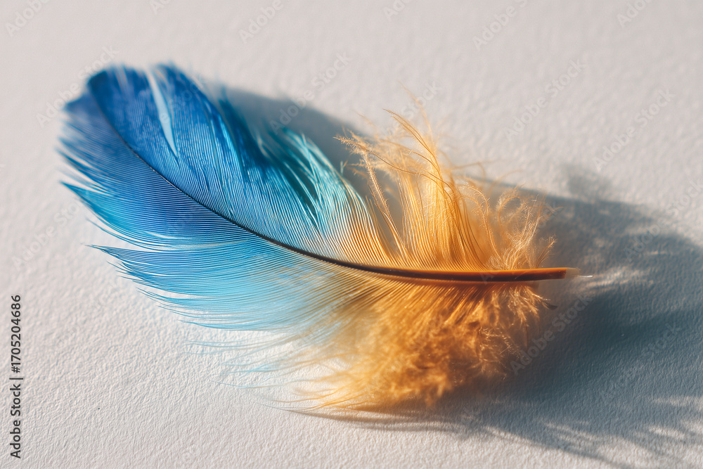 Wall mural single feather with gradient colors lying on plain surface