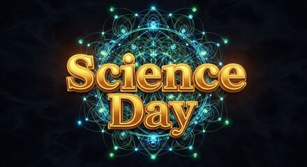 Celebrate Science Day with dazzling golden text and intricate cosmic network visuals