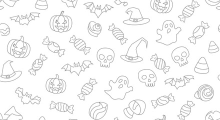 Halloween seamless pattern with pumpkin, ghost, bat, skull, candy, and witch hat for textile, wrapping paper, wallpaper, fabric
