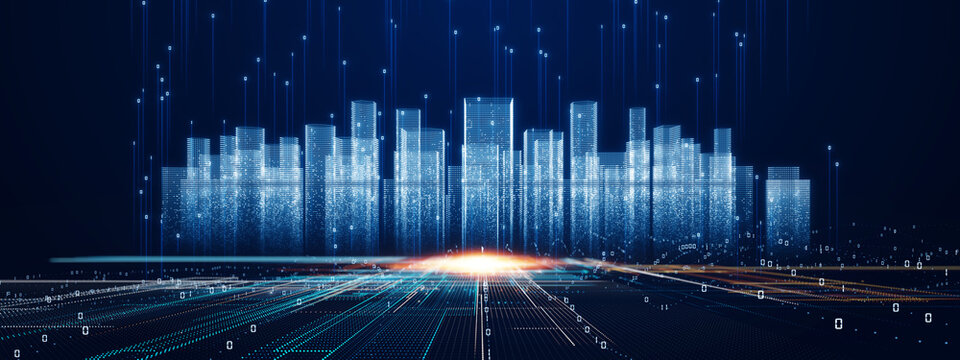 Futuristic smart city skyline with glowing digital buildings, cyber connections, and streaming data. Ideal for AI, IoT, big data, cloud computing, blockchain, and sustainable urban technology concepts