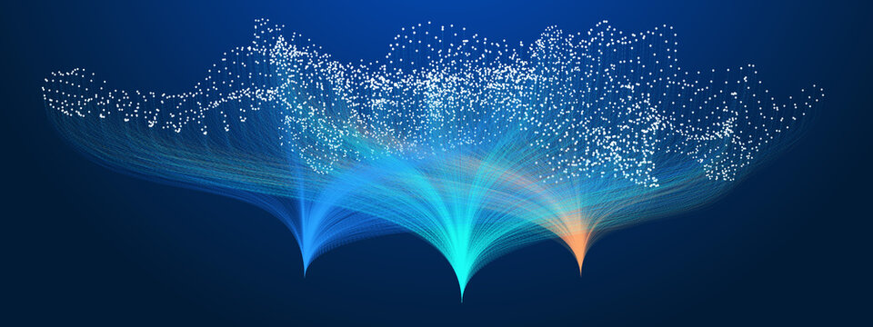 Big Data Network Flow. Futuristic big data visualization showing network flow and digital connections with glowing points and fiber-like streams. Perfect for AI, technology, and analytics concepts.