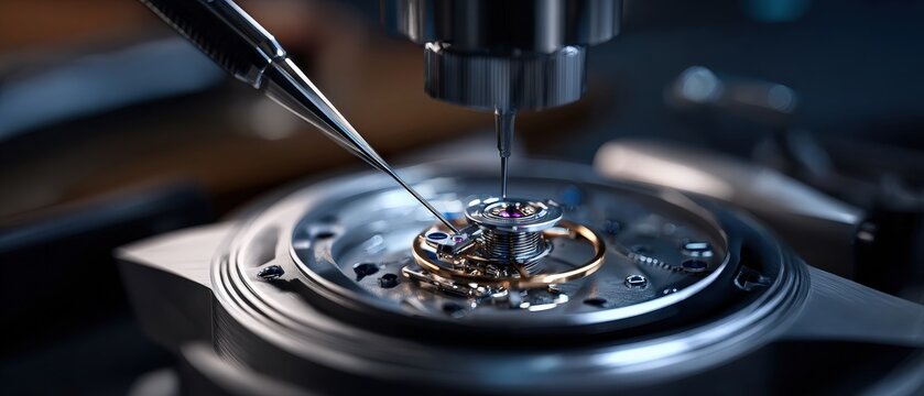 Closeup of Watchmaker Assembling Mechanical Watch Movement with Precision Tools in Workshop Concept of Craftsmanship, Luxury, and Time