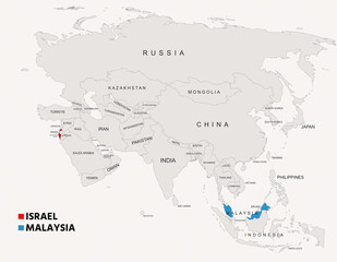 Fototapeta premium Malaysia and Israel Country Map with Borders and Geographic Details