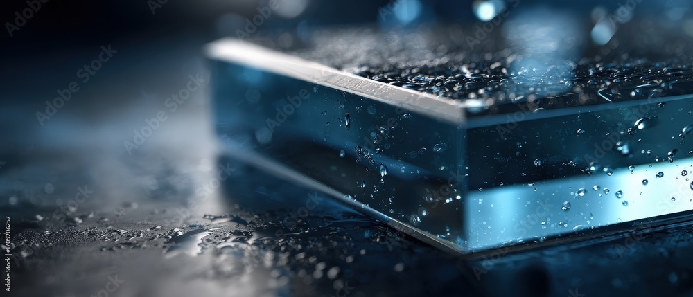 Aufkleber abstract wet glass block with water droplets reflecting blue light, showcasing transparency and clea