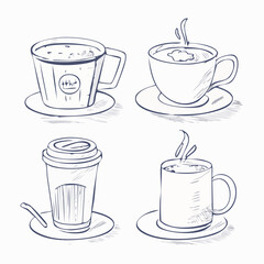 Obraz premium Charming hand-drawn illustrations of different hot beverage cups, like coffee mugs, teacups, and to-go containers, in a distinctive sketch style