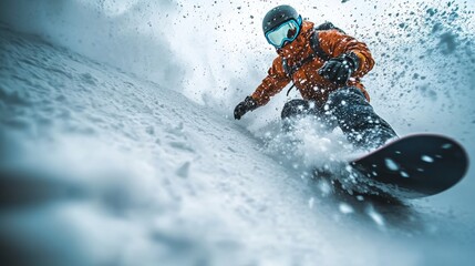 Naklejka premium Snowboarder descends a snowy mountain slope, unleashing a flurry of powder snow in a breathtaking winter landscape