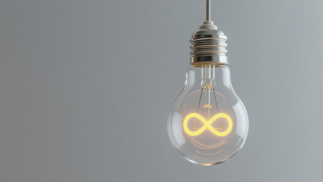 Suspended Classic Bulb with Glowing Infinity Symbol Inside on Minimalist Gray Background - Symbolizing Eternity and Possibility in Modern Design