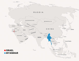 Naklejka premium Myanmar and Israel Country Map with Borders Geographic Overview Illustration