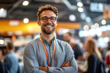 Portrait of a cheerful presenter at startup exhibition. Professional businessman engaging with visitors at trade fair showcasing innovation and networking.