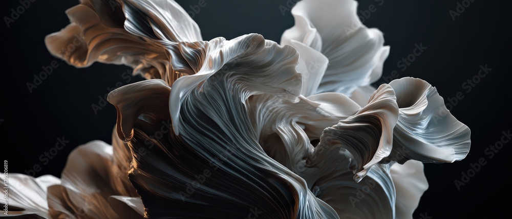 Poster abstract flowing silk fabric in white and gray tones, dynamic wave pattern with smooth texture conce