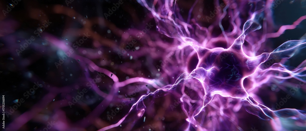 Poster abstract purple neuron network with glowing synapses, representing neural connections and artificial