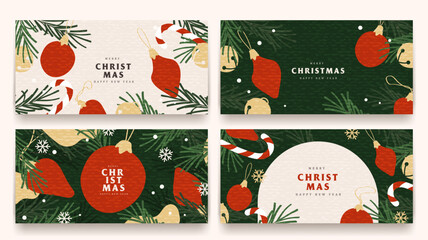 Merry Christmas and Happy New Year banner set with festive decorations, postcard layout, winter elements, and elegant holiday design for social media, greetings, and promotion.