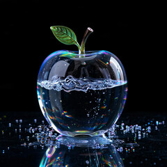 on a black background there is a glass apple and in the apple there is water
