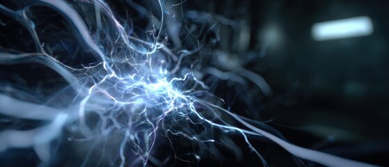 Abstract blue energy discharge with glowing plasma filaments on dark background Concept of science, technology, power, and futuristic innovation