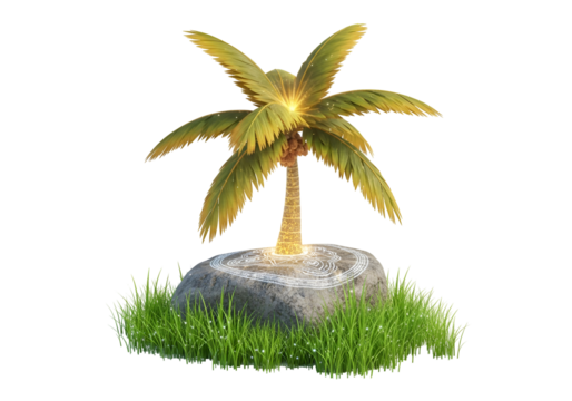 A radiant palm tree stands on a textured stone island, bathed in glowing light, amidst a field of short grass.