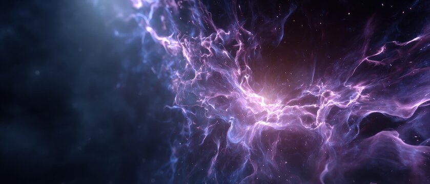 Ethereal purple nebula with glowing center in deep space Cosmic cloudscape with vibrant colors and stardust Concept of universe, galaxy, and astronomy