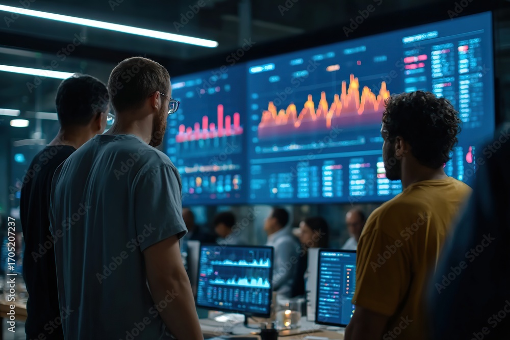 Poster team collaborates in sleek office during a startup demo with data visualizations on display