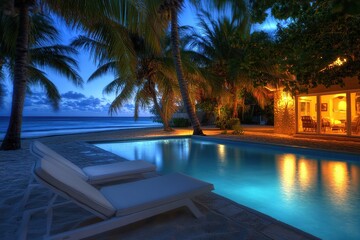 Fototapeta premium Serene evening view of a villa with glass windows and a swimming pool by the beach