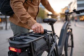 Obraz premium Adjusting bag on electric bike in urban setting