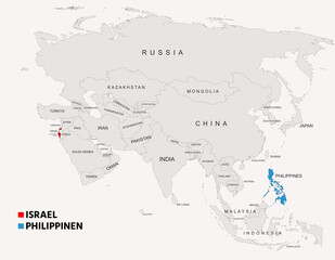 Obraz premium Philippines and Israel Country Map with Borders and Geographic Overview
