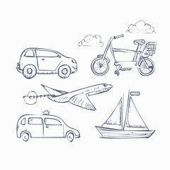Fototapeta premium Artistic sketch collection of various everyday and travel transportation modes, featuring hand-drawn cars, bicycles, airplanes, and sailboats, perfect for depicting movement and journey concepts