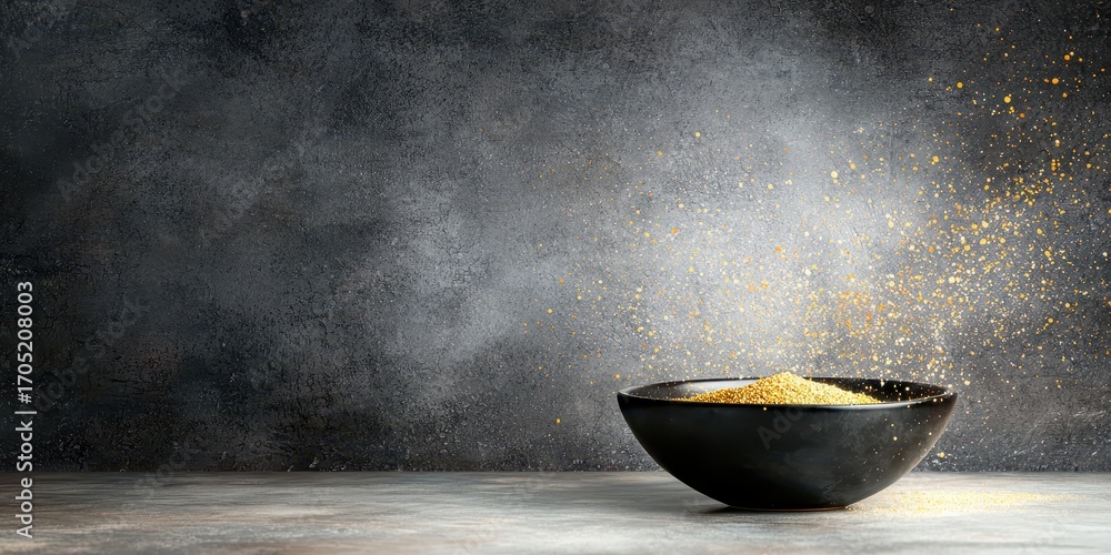 Poster a black bowl filled with golden substance, set against a textured dark background, creating a dramat