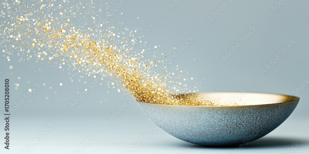 Poster a gray bowl with a golden rim appears to release a stream of shimmering gold particles, creating a m