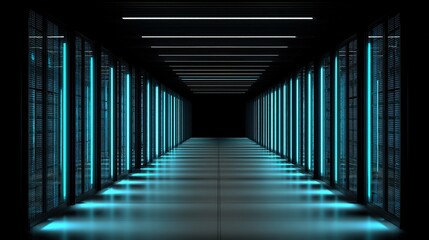 Fototapeta premium A futuristic server room, equipped with flickering blue lights, showcasing advanced technological infrastructure used for data storage, processing, and network operations.