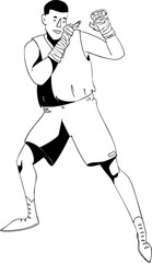 A man at a boxing or kickboxing training session. Vector illustration. Black and white illustration.