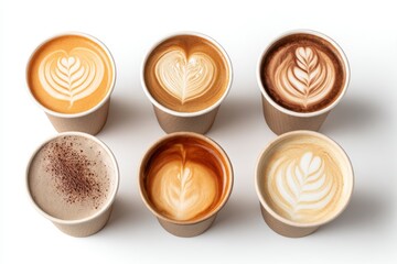 Six paper cups of coffee with different latte art designs on a white surface