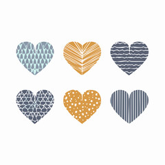 Collection of six heart-shaped illustrations with diverse textures and patterns perfect for designs and decorations