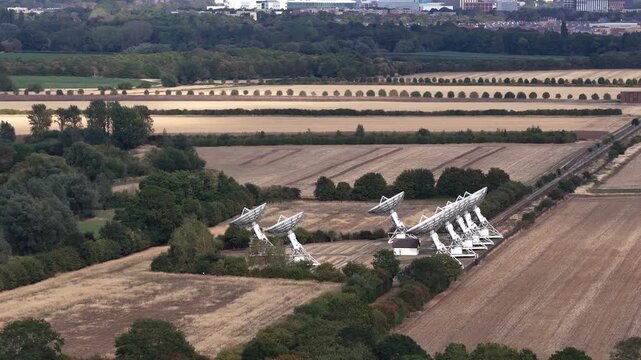 Radio Telescope Dishes At Cambridge University's Mullard Observatory - Mullard Radio Astronomy Observatory In England, UK. Aerial Shot