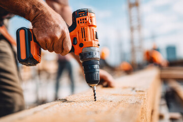 A construction worker in safety gear drills into a wooden plank during sunset at a bustling construction site.