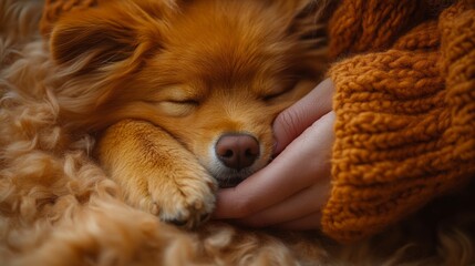 A warm and tender moment shared between a person and a sleeping pomeranian, wrapped in soft, fluffy warmth