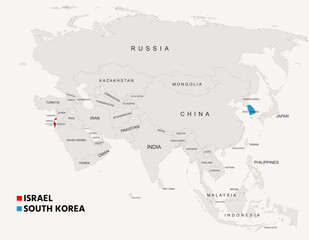 South Korea and Israel Country Map with Borders and Locations