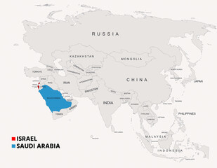 Saudi Arabia and Israel Country Map with Borders Geographic Overview