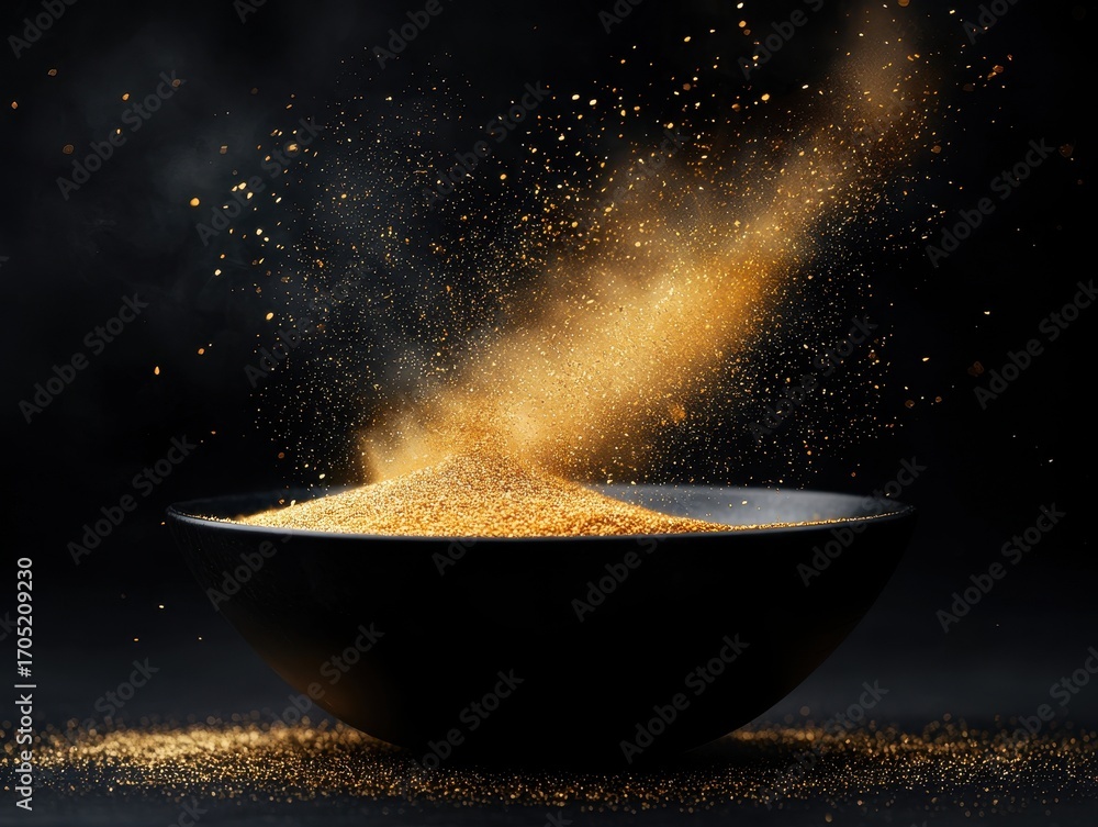 Poster a black bowl filled with shimmering golden particles, creating a captivating effect as the dust rise