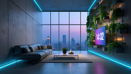 Eco-Friendly Cyberpunk Living Room with Neon Accents and Vertical Garden. AI generated.