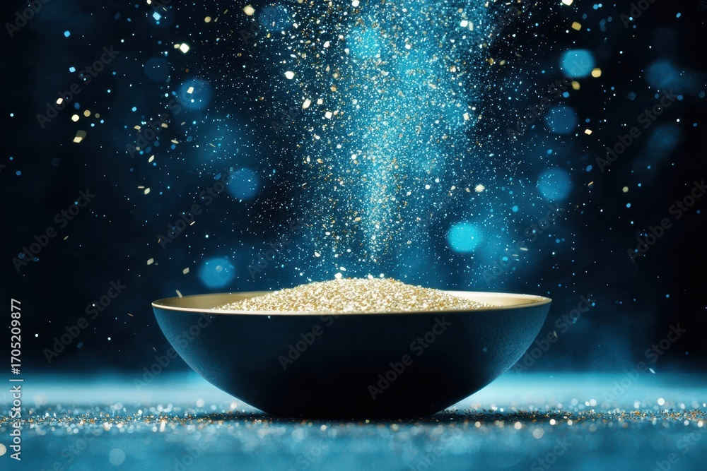 Poster a close-up image of a bowl filled with sparkling grains, with shimmering particles suspended in the 