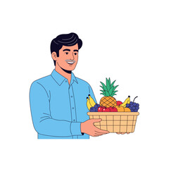 Man holding a basket full of fresh fruits including pineapple, bananas, apples, oranges, and grapes with a smile on his face