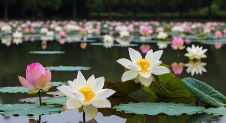 Pond filled with many pink and white water lilies, with big green lily pads floating everywhere