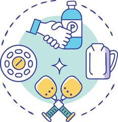 Minimal circle icon with pickleball paddle and ball center, trophy, player silhouette, handshake, paddle tap, bag, water bottle orbiting.