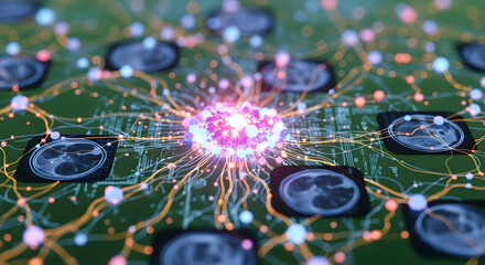 A vibrant network visualization of sustainable smart city connections with glowing nodes and lines on a circuit board background.