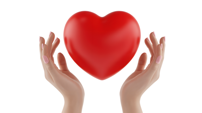 Caring hands gently hold a vibrant red heart, symbolizing love, health, and compassion.