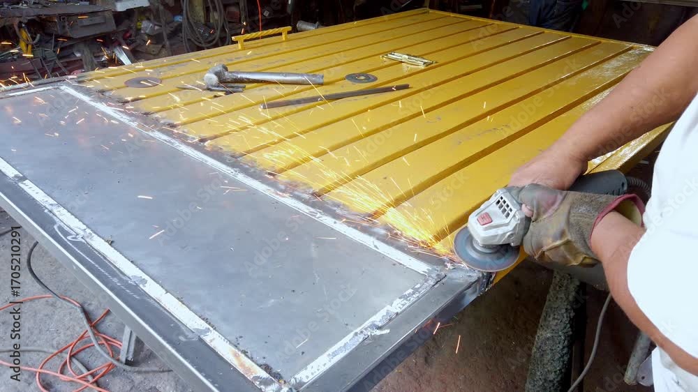Poster Close-up of a worker using a grinder tool with visible sparks while welding a yellow metal gate.